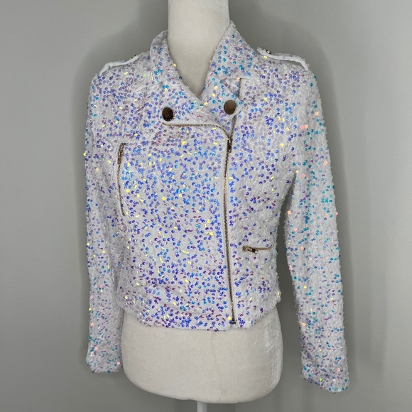 NWT Southern Fried Chics Goodbye Earl White Sequin Moto Jacket M - Picture 2 of 8